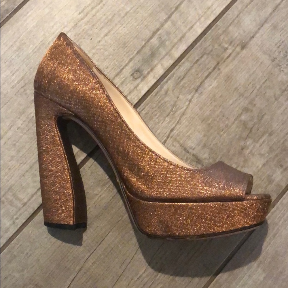 Gold Prada Peep-Toe Platform Pumps